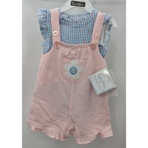 Quiltex Shortalls Pink Suspender Blue Plaid Floral Top 2 Piece Outfit 12mo NWT